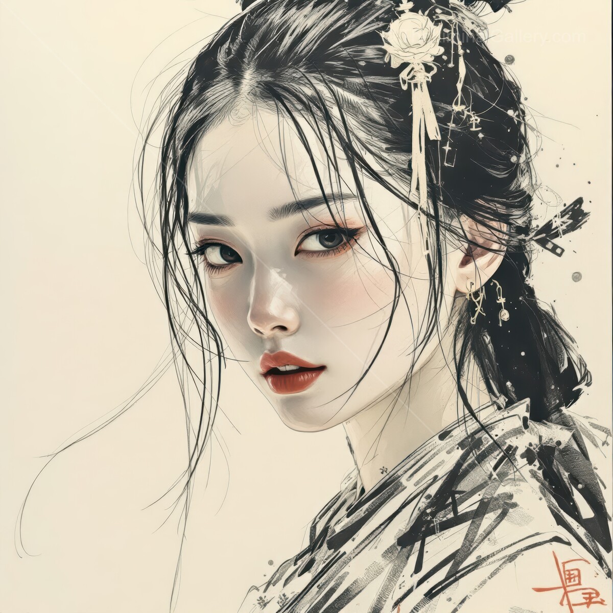 Elegant portrait of a young Japanese woman in traditional attire with floral details and captivating gaze