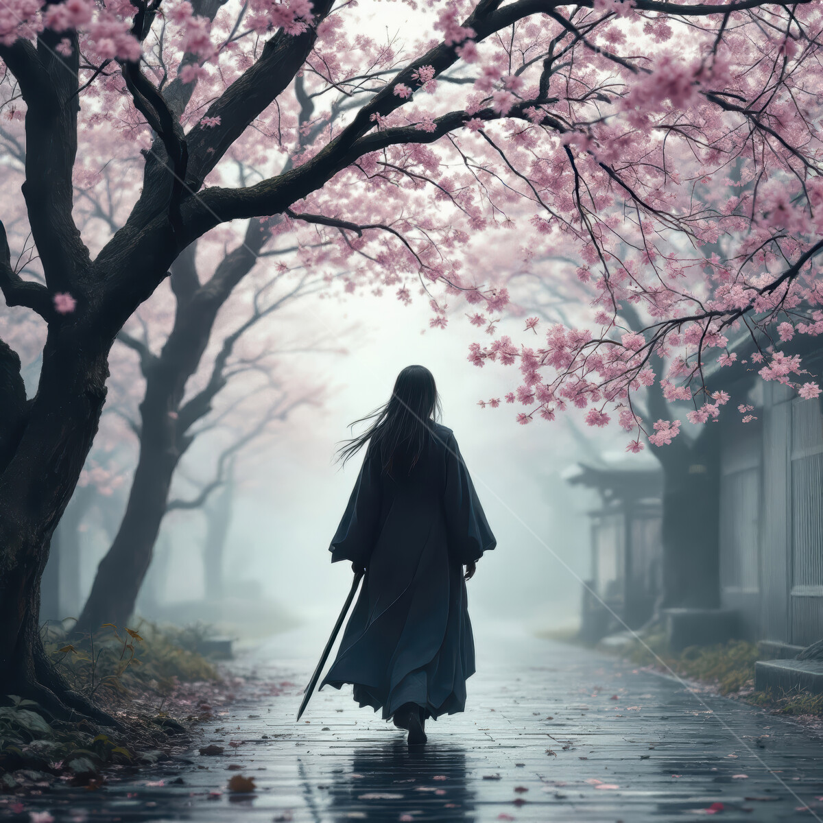 Elegant warrior walks beneath blooming cherry blossoms on a misty path at dawn