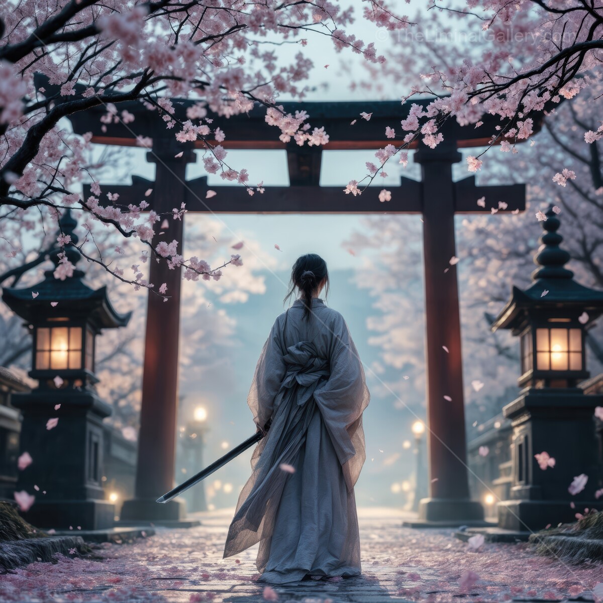 Elegant warrior walks through cherry blossom path at serene shrine during twilight