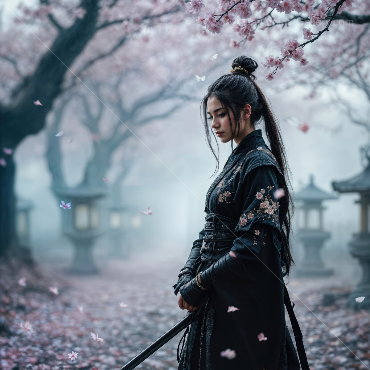 Elegant warrior stands in a tranquil cherry blossom garden at dusk