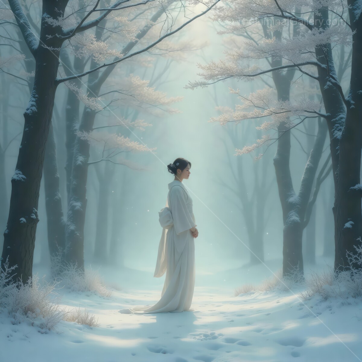 Elegant figure in white kimono stands amidst snowy cherry blossom trees in a serene winter landscape