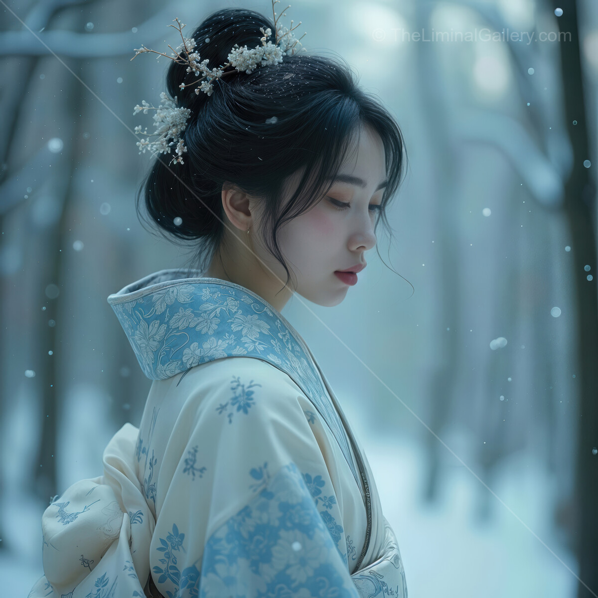 Elegant woman in traditional attire experiences beauty of falling snow in serene forest
