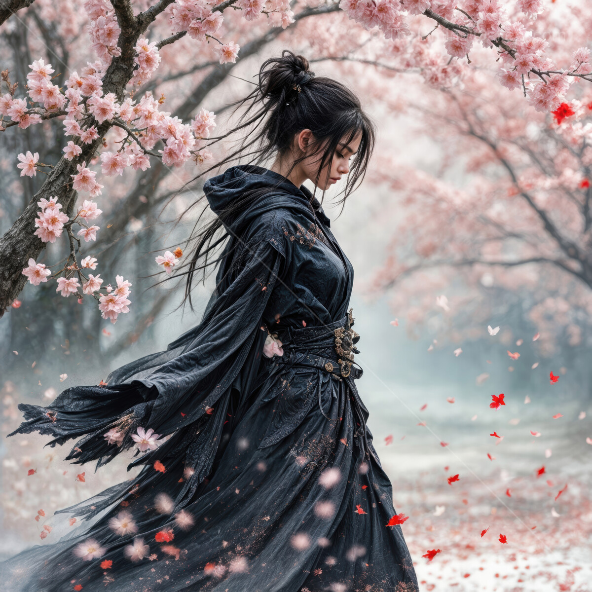 Enchanting dance beneath cherry blossoms creates a mesmerizing portrait of beauty and serenity in springtime ambiance