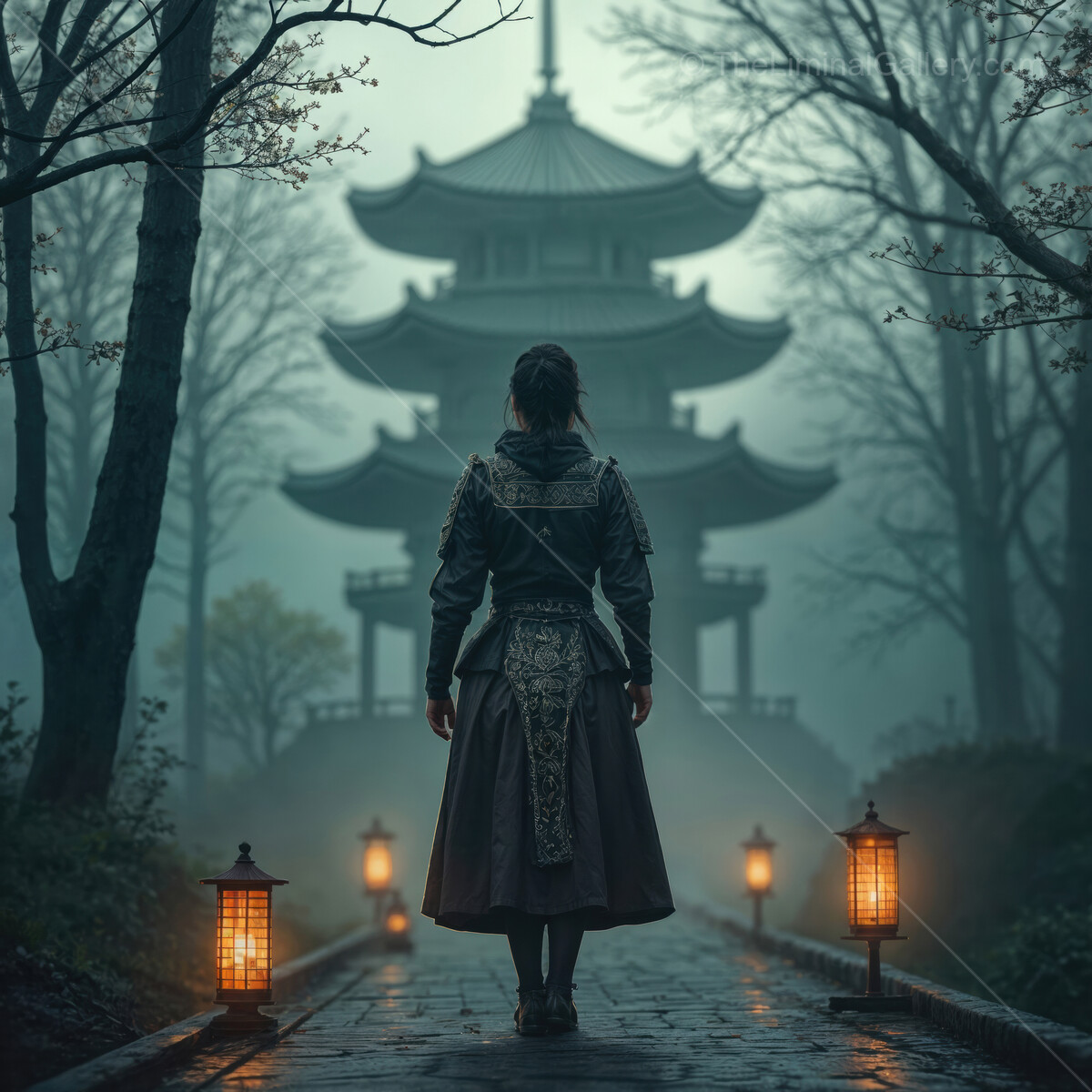 Enchanting evening stroll through misty trees leads to a mysterious pagoda under soft glowing lanterns