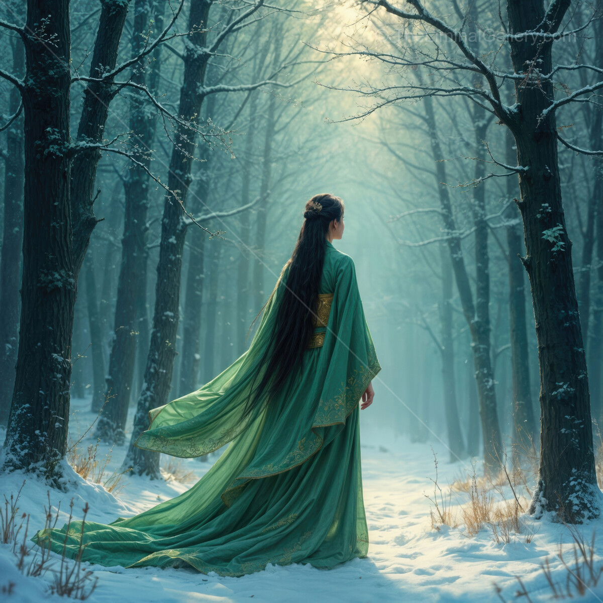 Enchanting figure in a serene snow-covered forest draped in flowing green attire under delicate sunlight