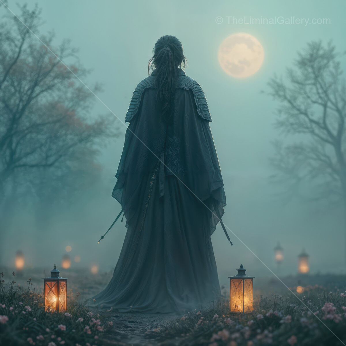 Enchanting moonlit evening with a mysterious Asian assassin in a foggy landscape
