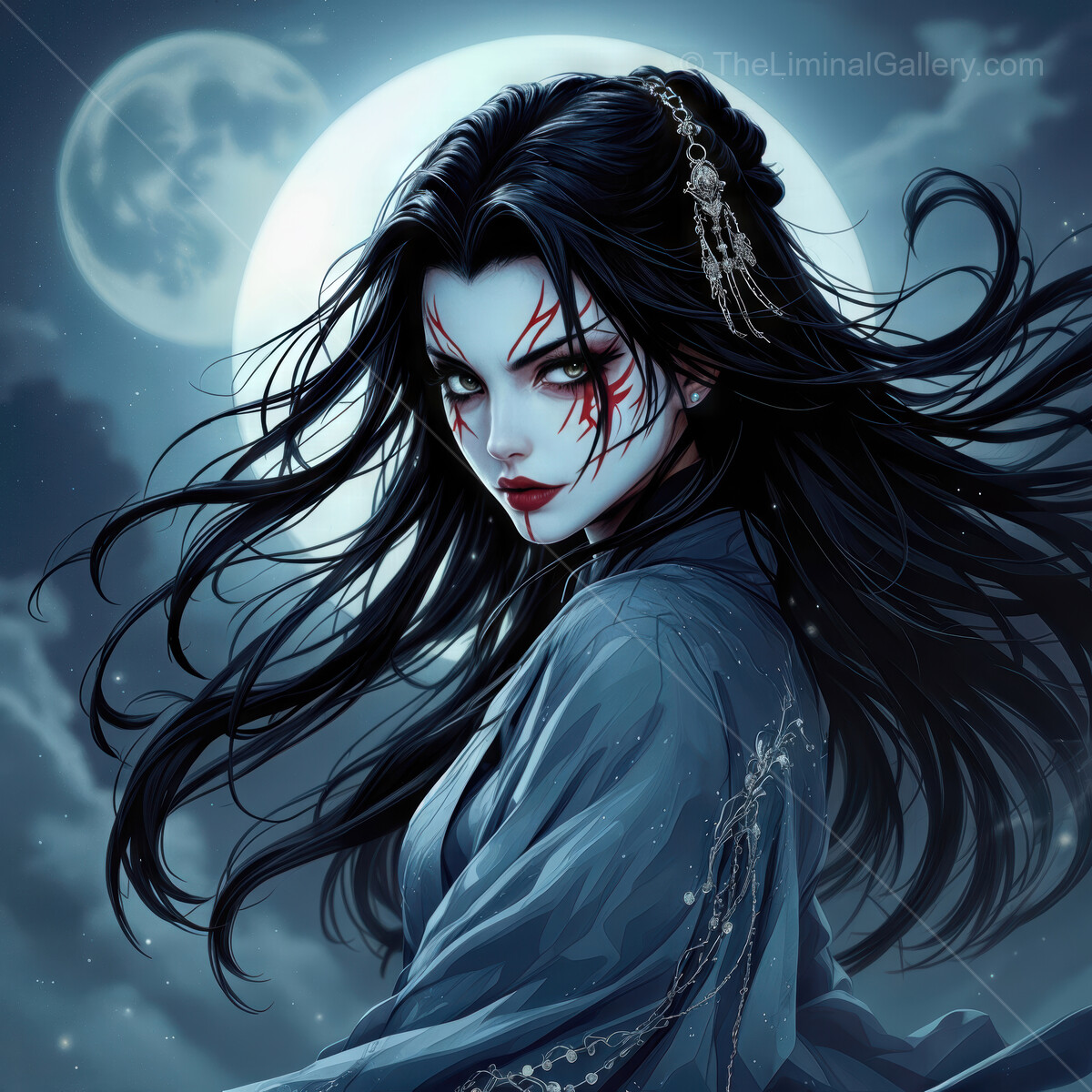 Enchanting figure of a mystic warrior under a luminous moon illuminating the night sky