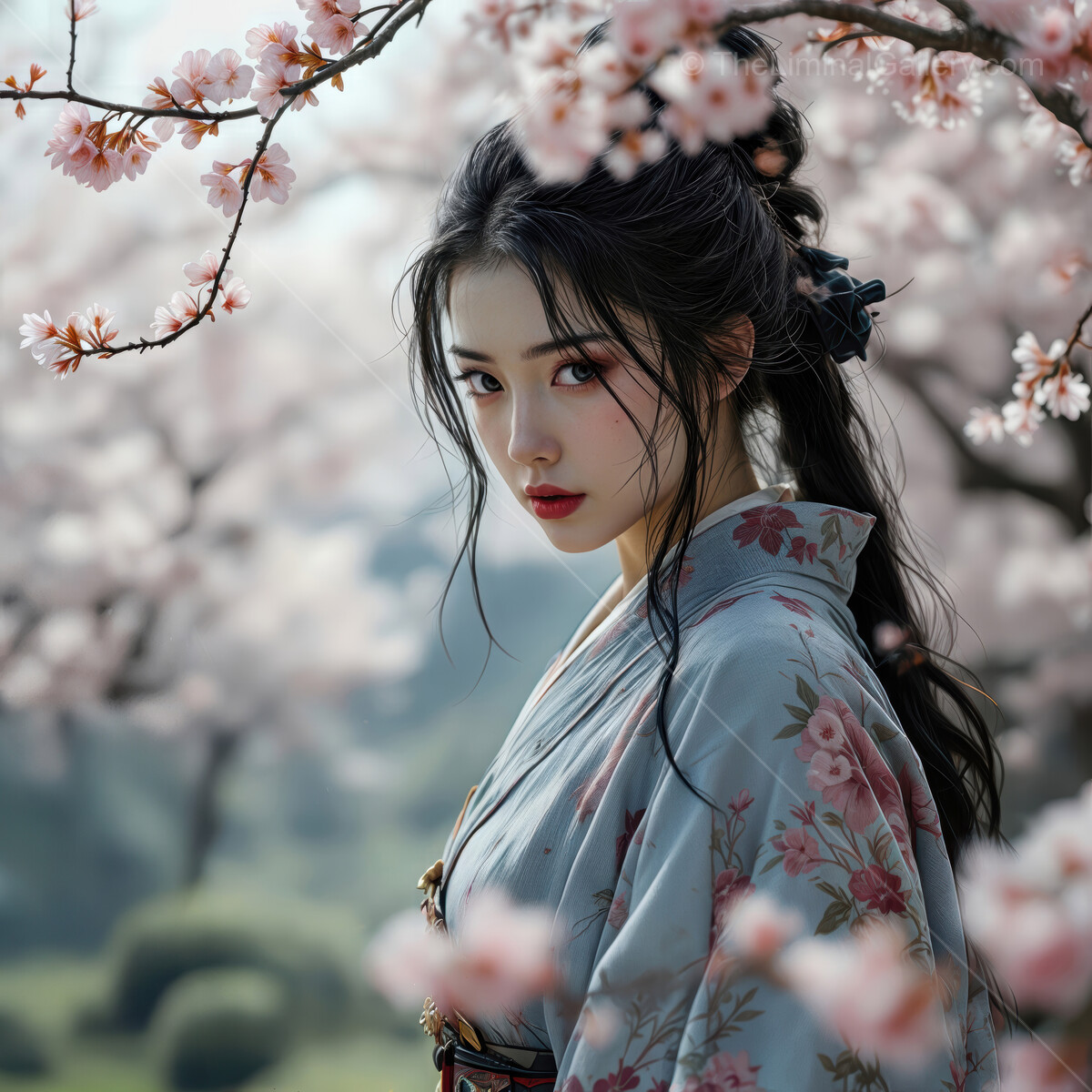 Enchanting portrait of a Japanese court lady in a traditional kimono among blossoming cherry trees during springtime