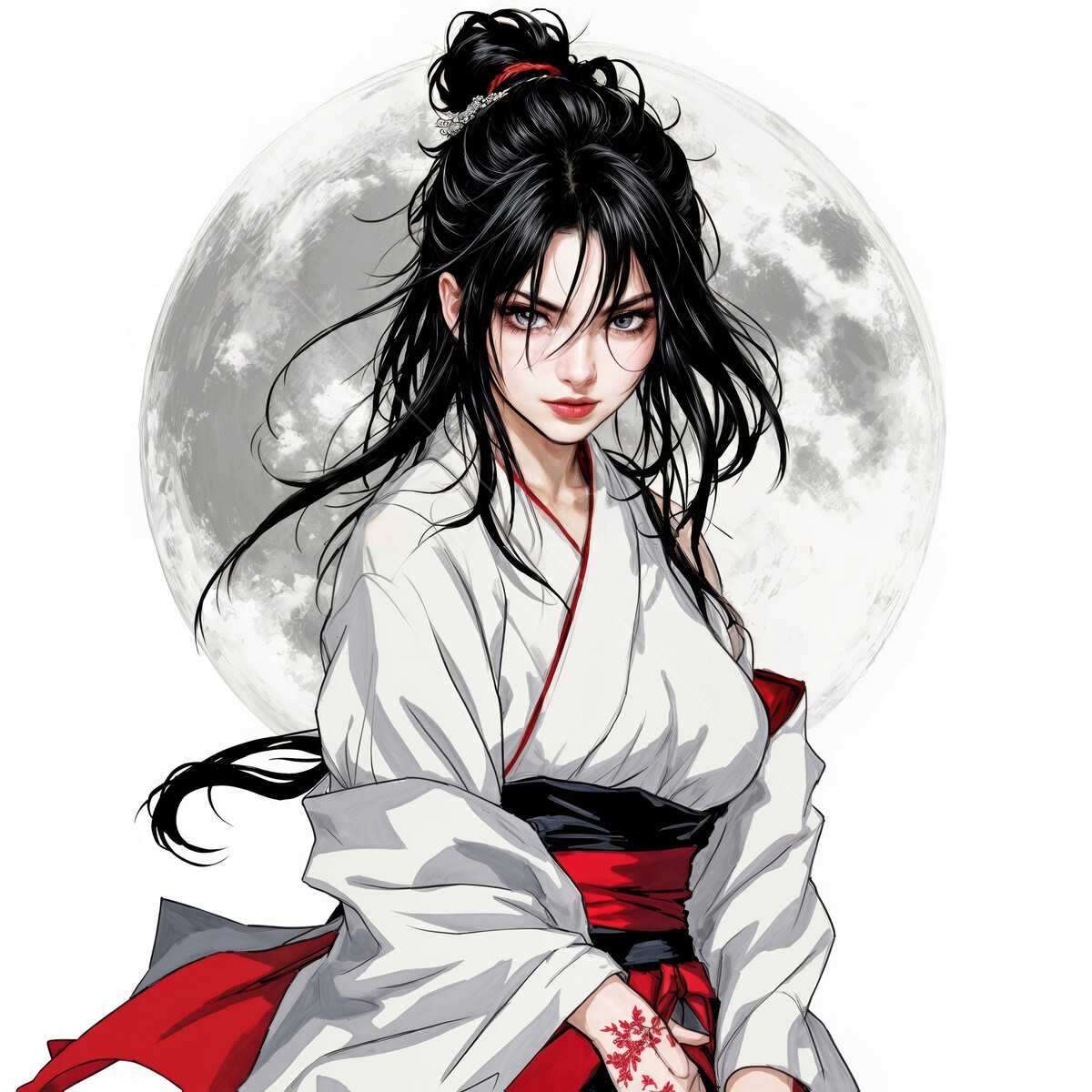 Enchanting warrior maiden stands against a luminous moon, radiating strength and grace during a mystical night