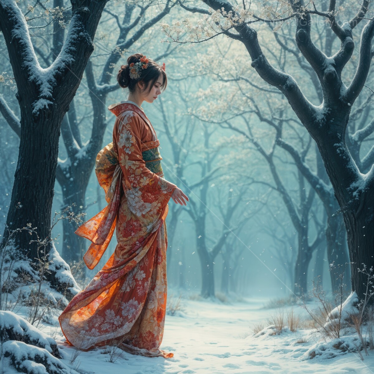 Enchanting winter stroll in a snowy forest featuring a woman in a traditional kimono