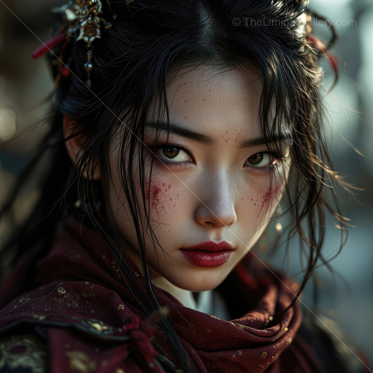 Enigmatic Japanese rogue gazes intensely at the horizon amidst an ancient landscape during twilight