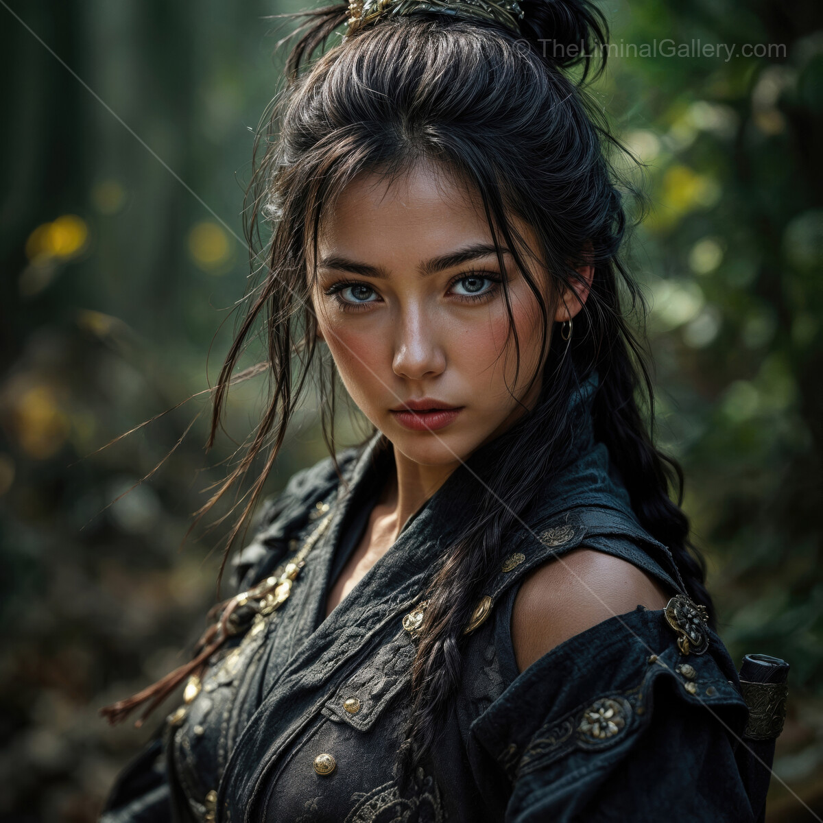 Enigmatic ronin poised in a mystical forest, capturing the essence of strength and beauty under soft sunlight