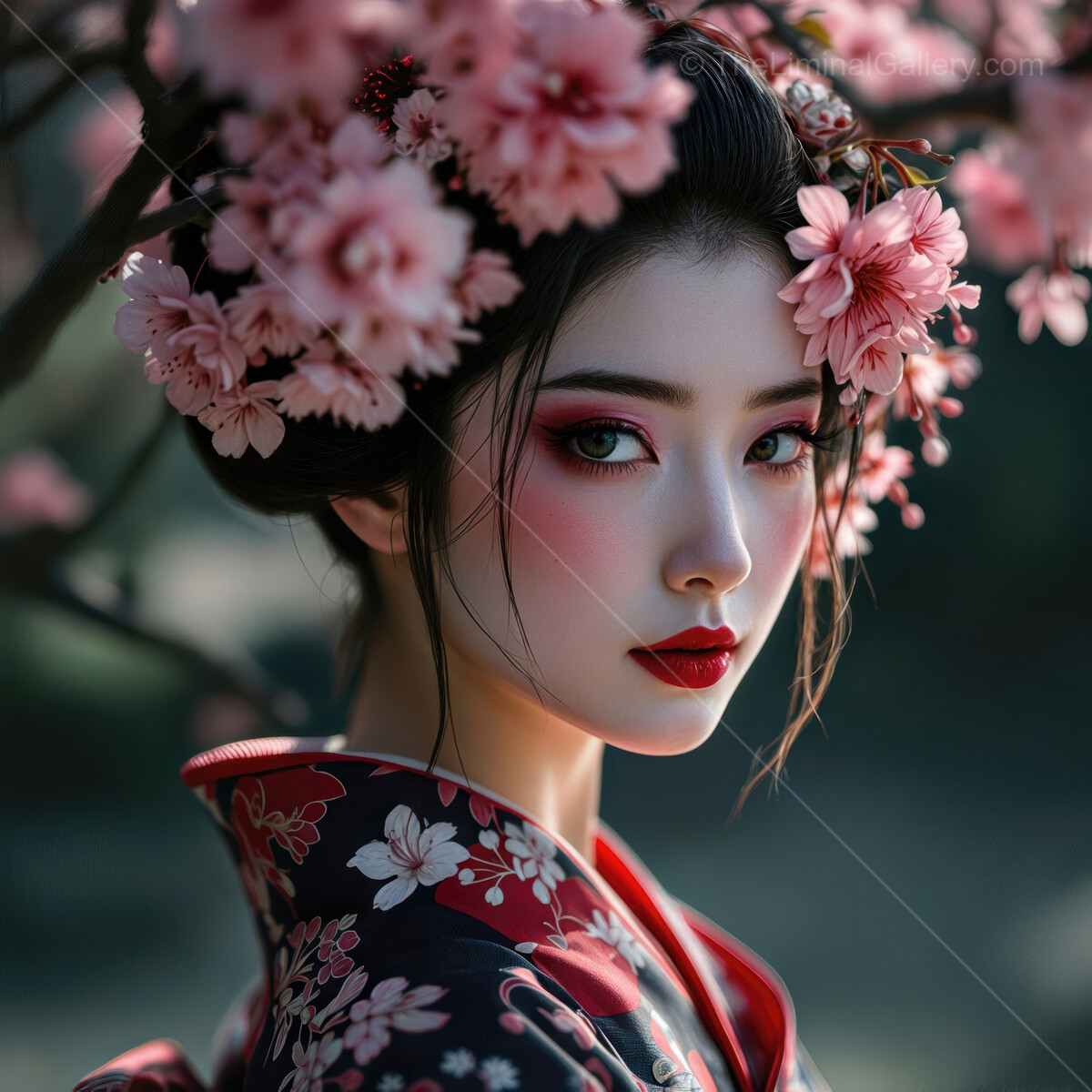 Geisha beauty in bloom captured during cherry blossom season with traditional attire and delicate floral details