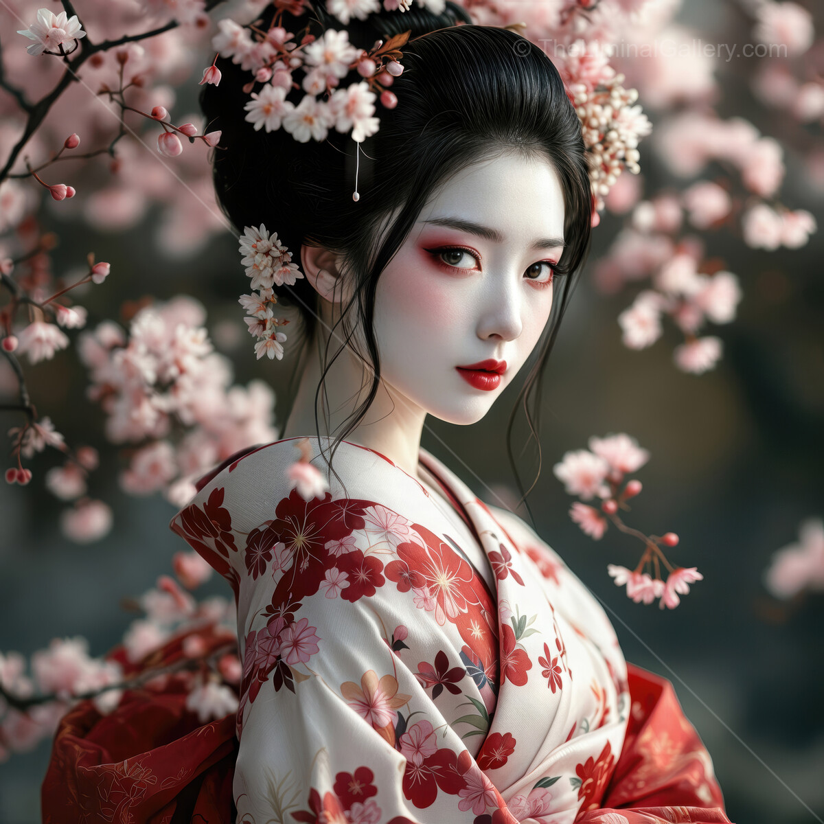 Geisha Beauty in bloom with cherry blossoms and traditional attire capturing spring's essence