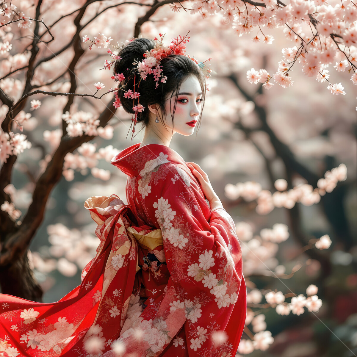 Geisha in a red kimono beneath cherry blossoms in full bloom during springtime