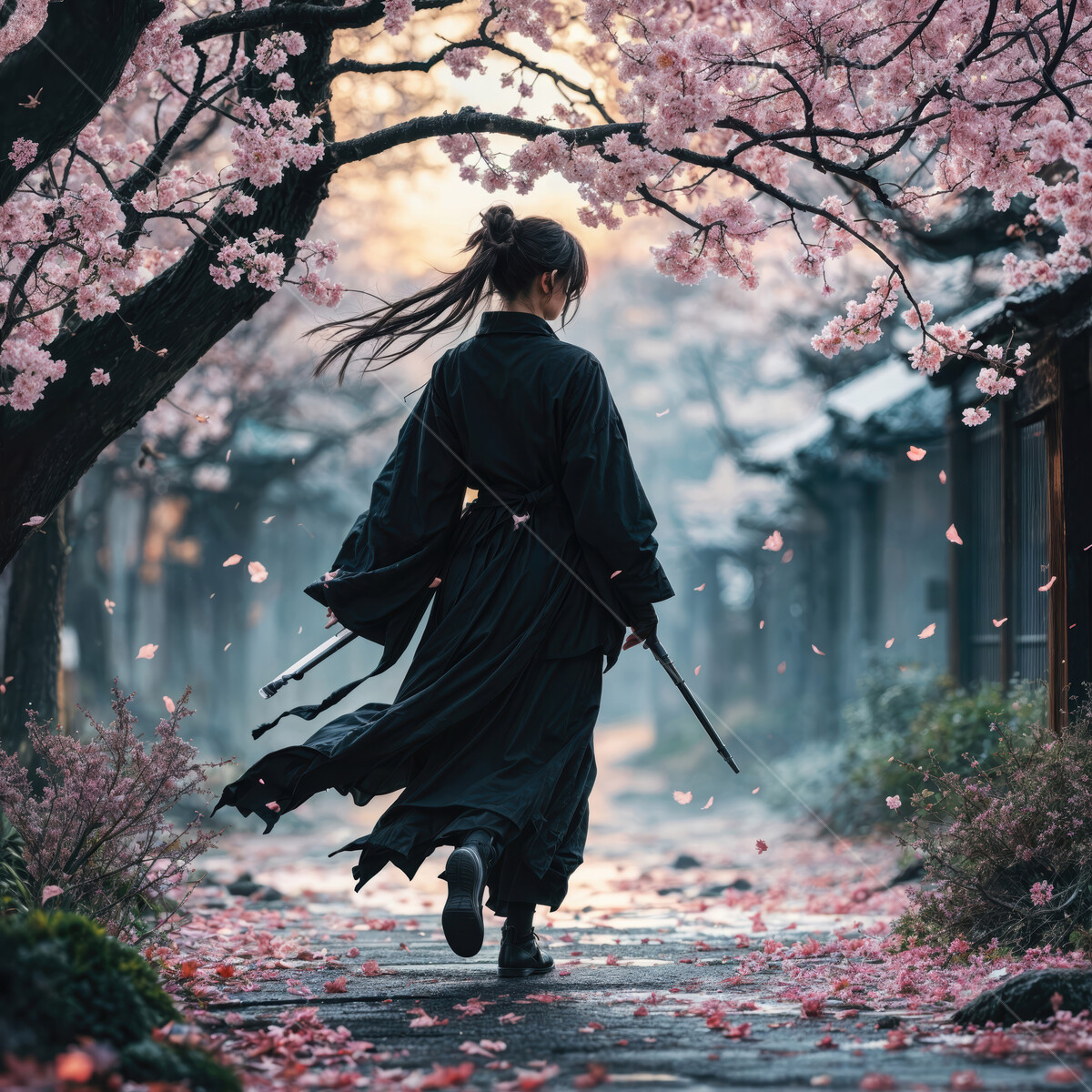 Graceful Asian warrior strolling through a cherry blossom path at twilight