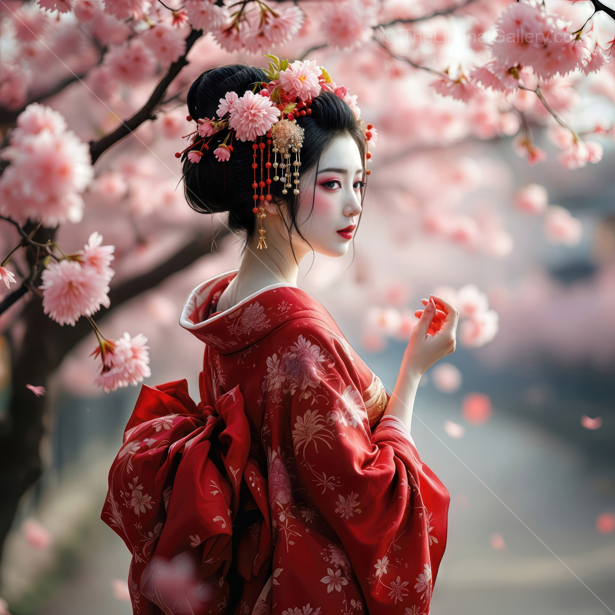 Graceful geisha in a red kimono among blooming cherry blossom trees during springtime celebration