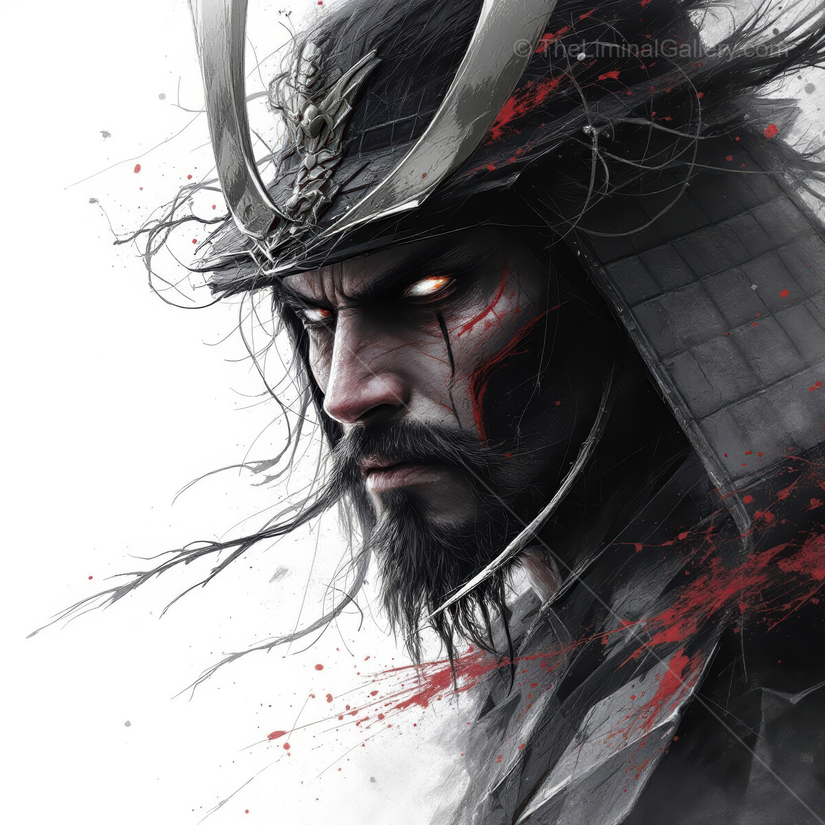 Intense samurai warrior gazes forward amidst chaos and artistry in a dramatic display of strength and honor