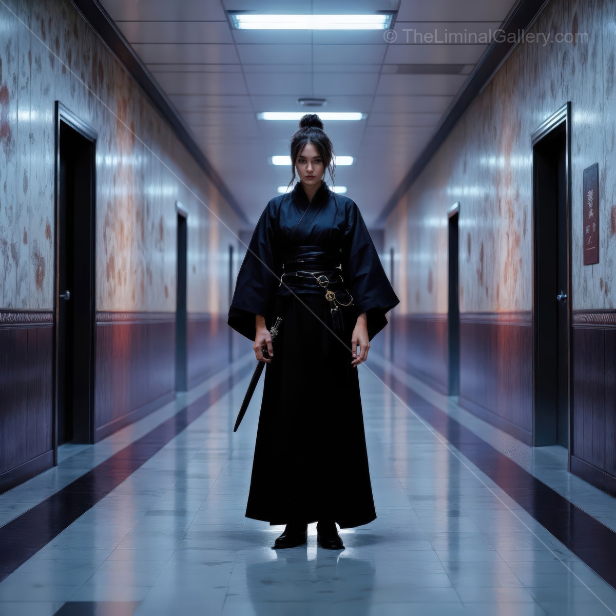 Japanese assassin poised for battle in a mysterious corridor under flickering lights