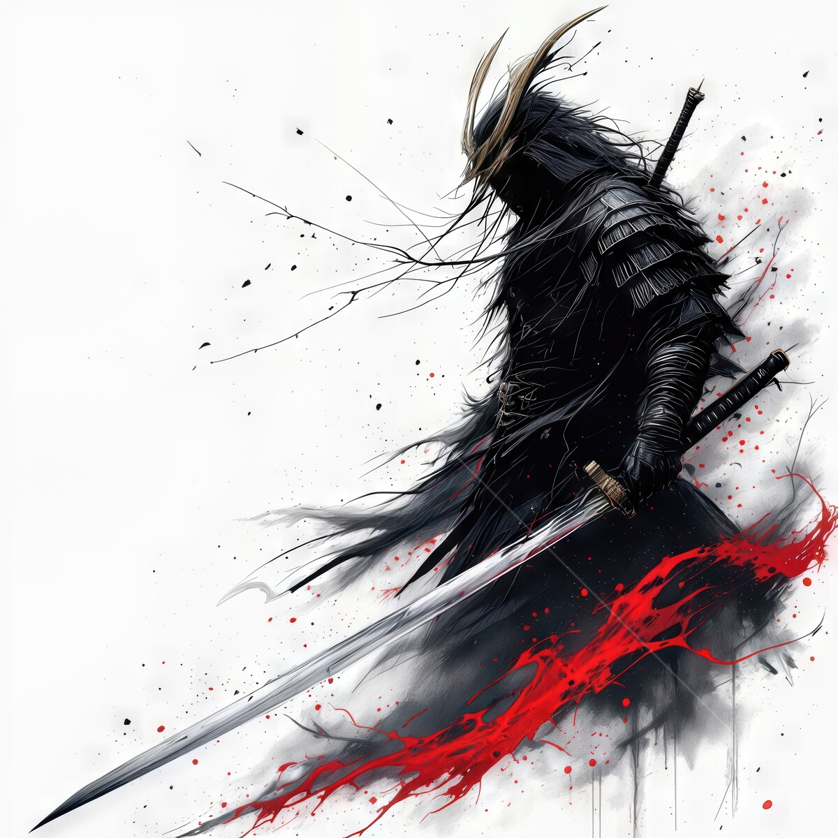 Japanese shogun clad in black armor stands defiantly with sword dripping crimson under a stormy sky at dusk