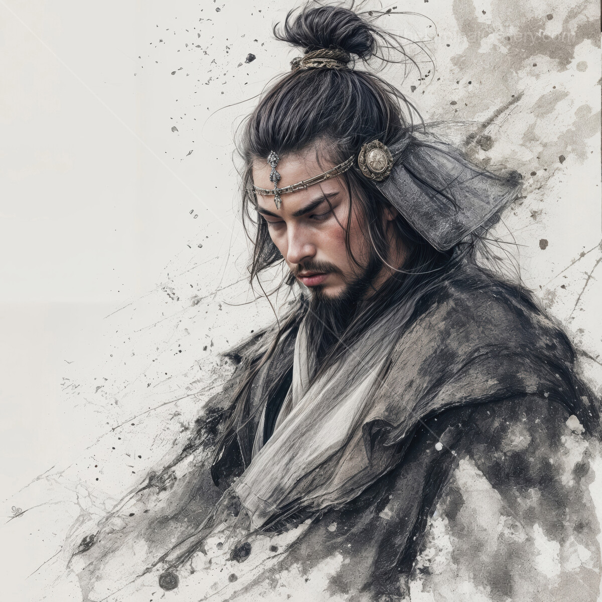 Japanese warrior in contemplative silence amid elegant ink strokes and muted hues