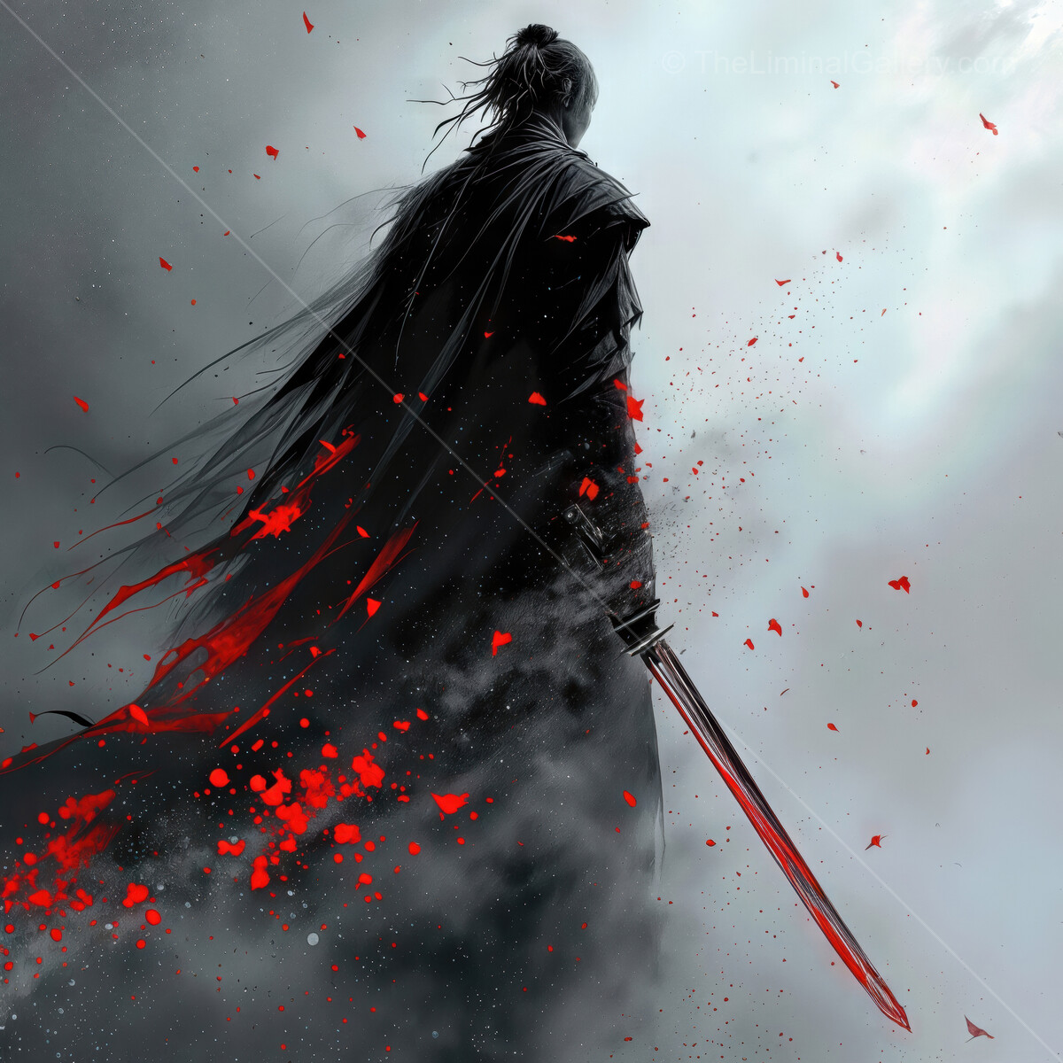 Japanese warrior stands defiantly in a stormy landscape, ready for battle at twilight, with a bloodied sword in hand