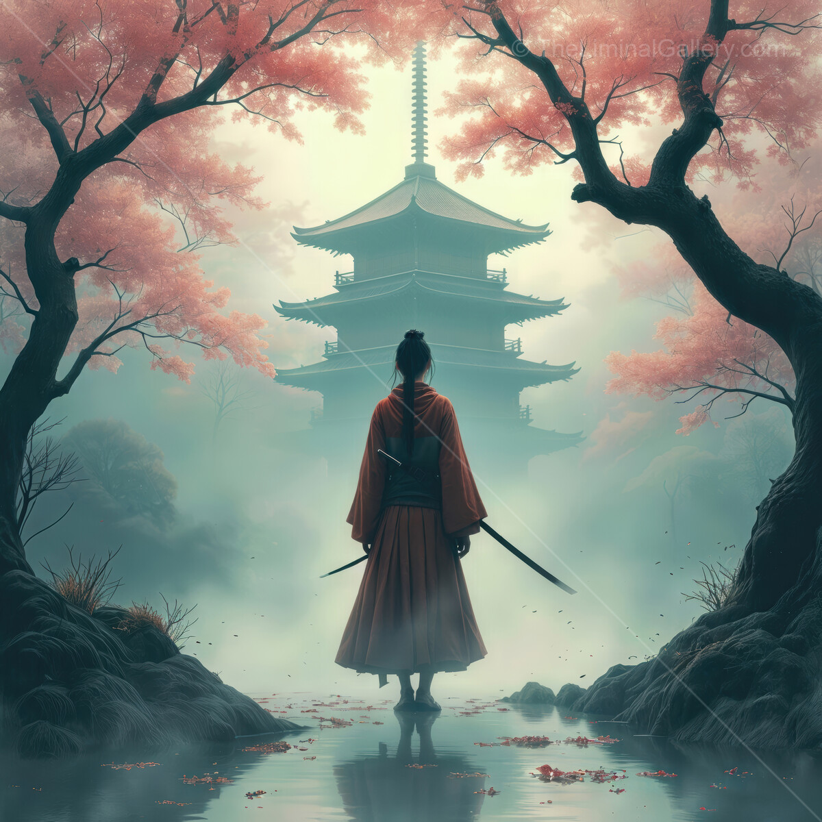 Majestic samurai stands before ancient temple surrounded by cherry blossoms in tranquil misty morning