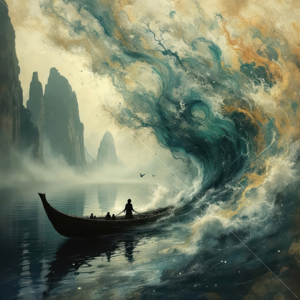 Majestic waves crash against a serene boat in a mystical landscape at dawn, where nature reveals its powerful beauty