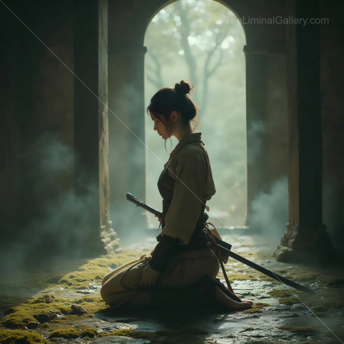 Meditative warrior in a moss-covered temple reflecting on her journey during the early morning mist