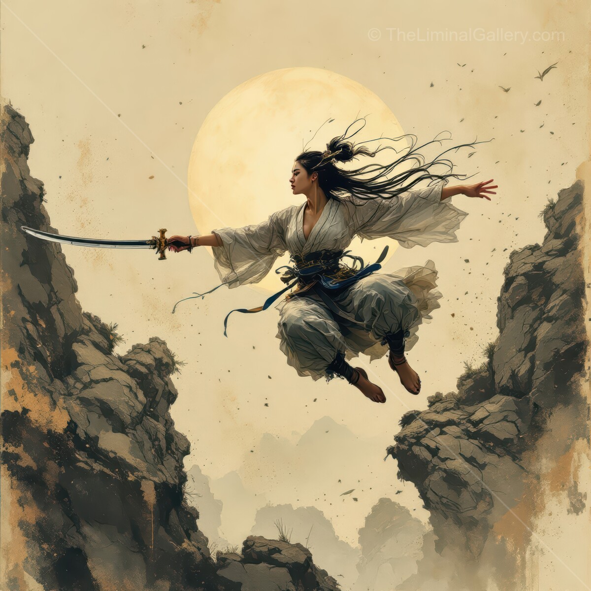 Monk warrior spirit soars through ancient mountains at dusk with grace and strength