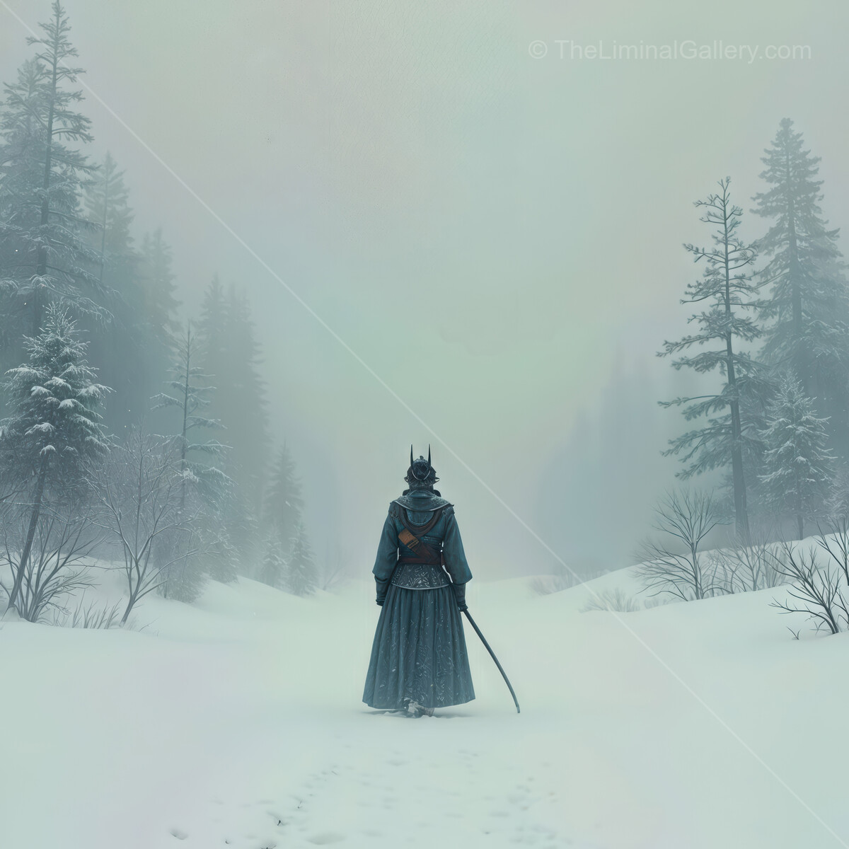 Mysterious figure in a snowy forest pathway on a foggy winter day