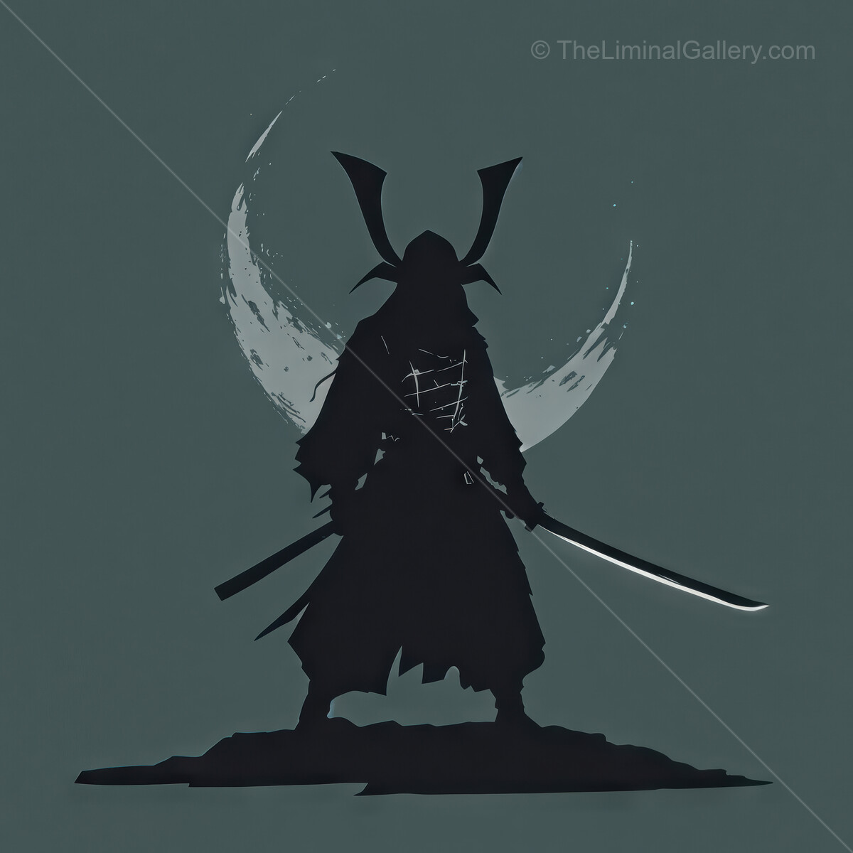 Mysterious samurai stands boldly under a crescent moon on a tranquil night