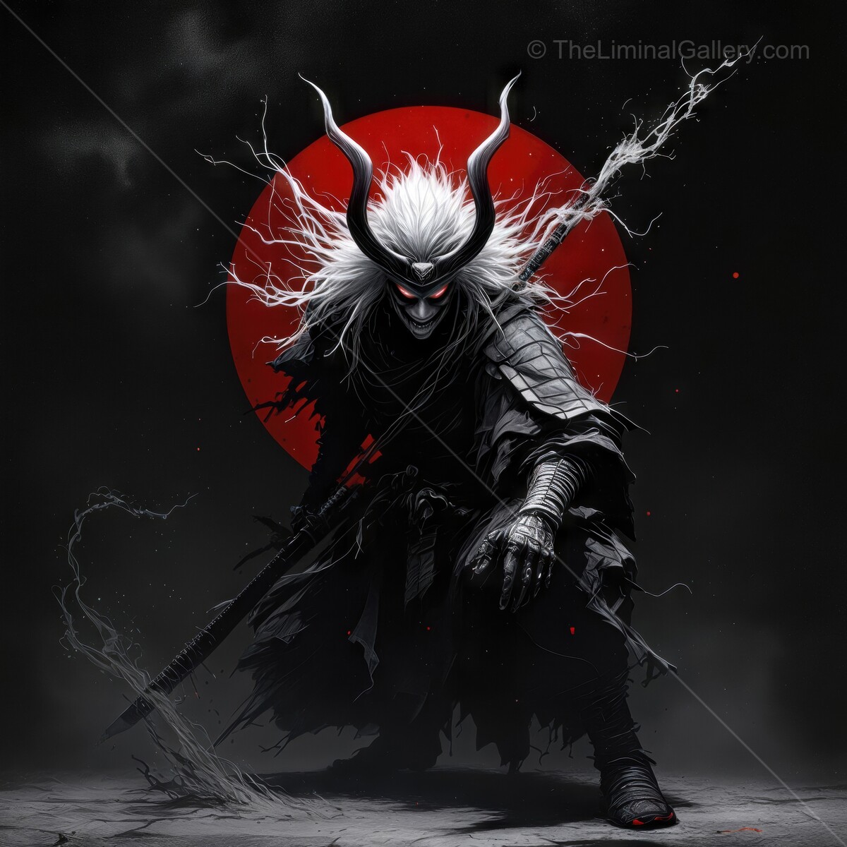 Mysterious samurai warrior stands fiercely in front of crimson sun, ready for battle in a dark, mystical landscape