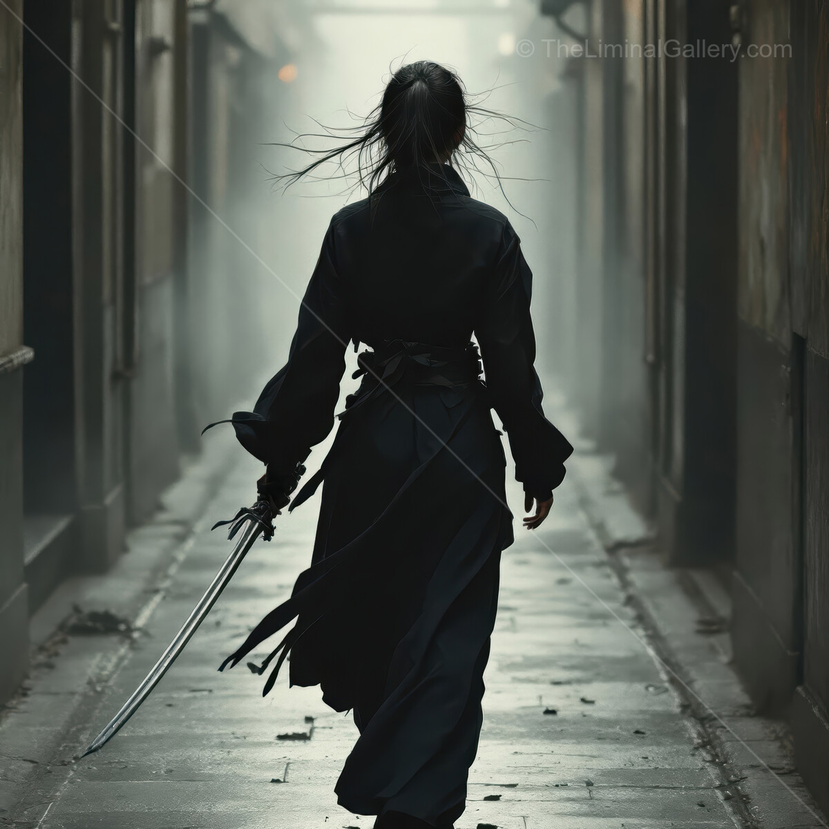 Mysterious sword-wielder walks through ancient alley at dusk in a tranquil yet tense atmosphere