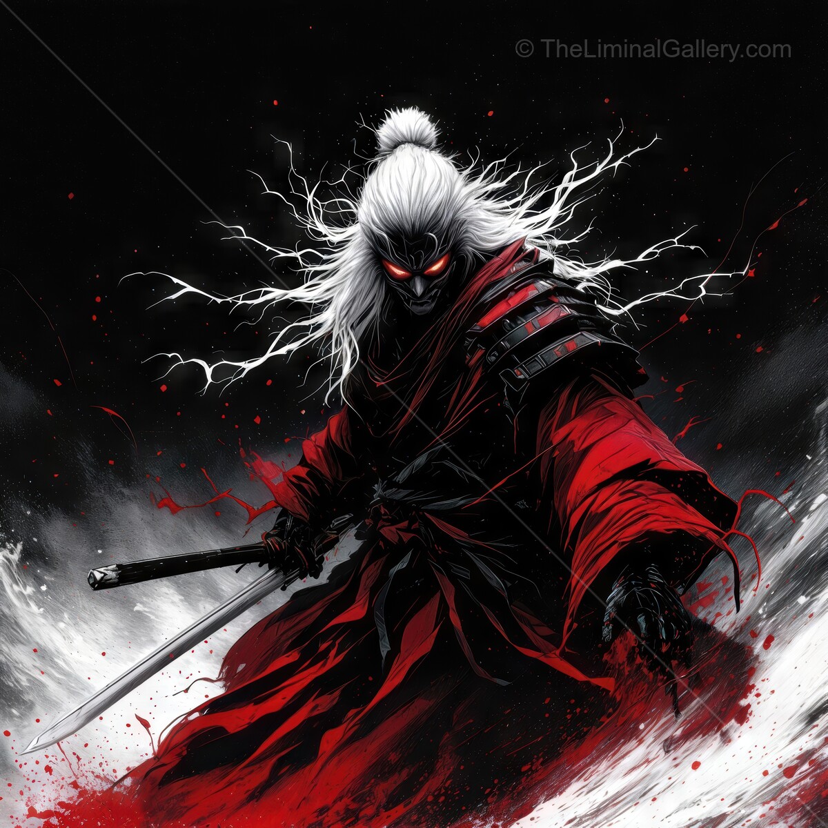 Mysterious warrior in red cloak battles dark forces under a stormy sky