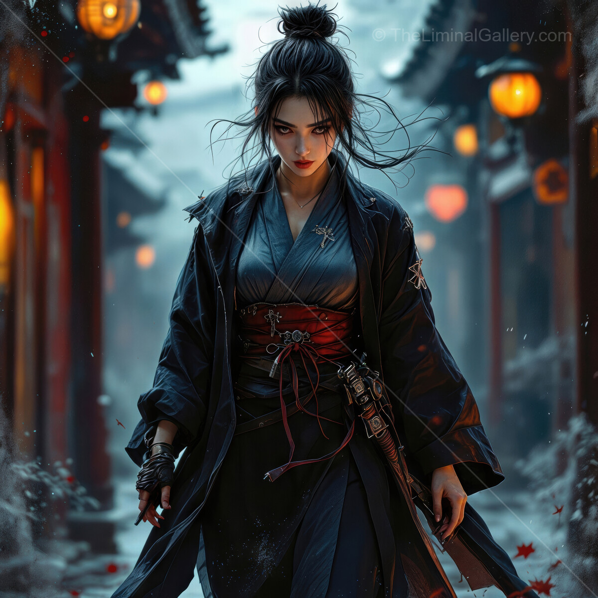 Mystical Asian woman strides through ancient alley under lantern glow at dusk