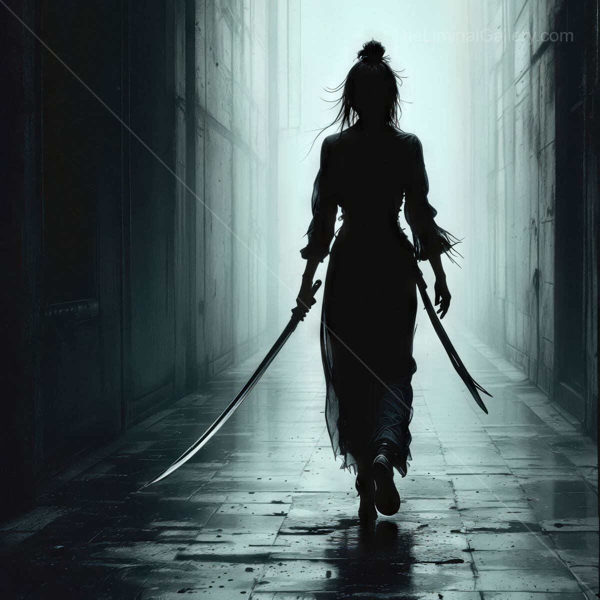 Mystical eastern warrior traverses eerie alley with dual swords drawn at twilight