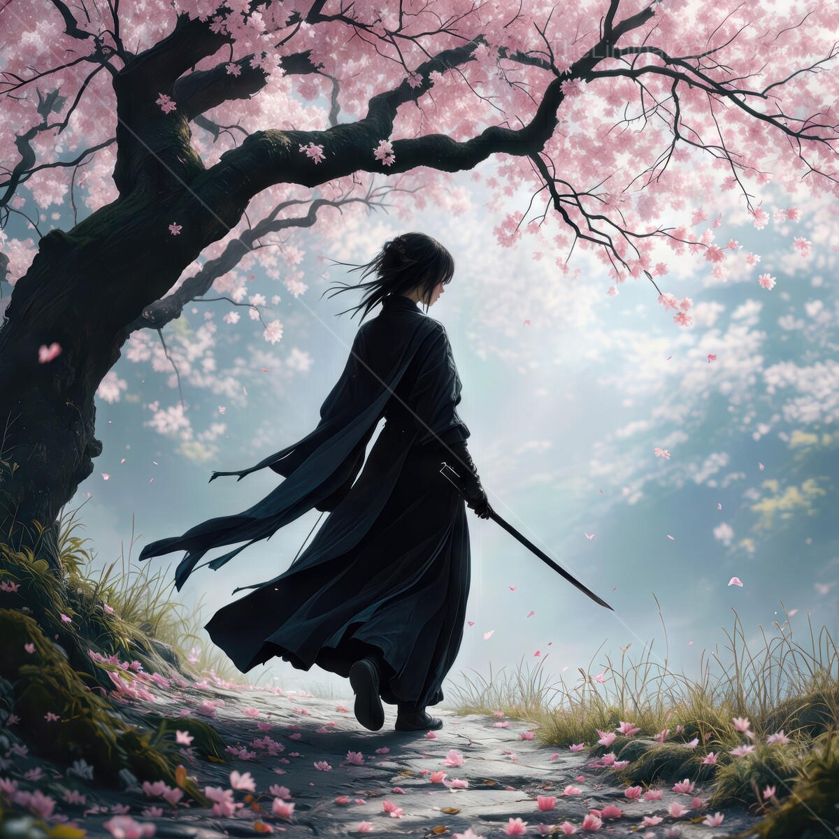Mystical warrior under blooming cherry blossoms at dawn in a serene landscape