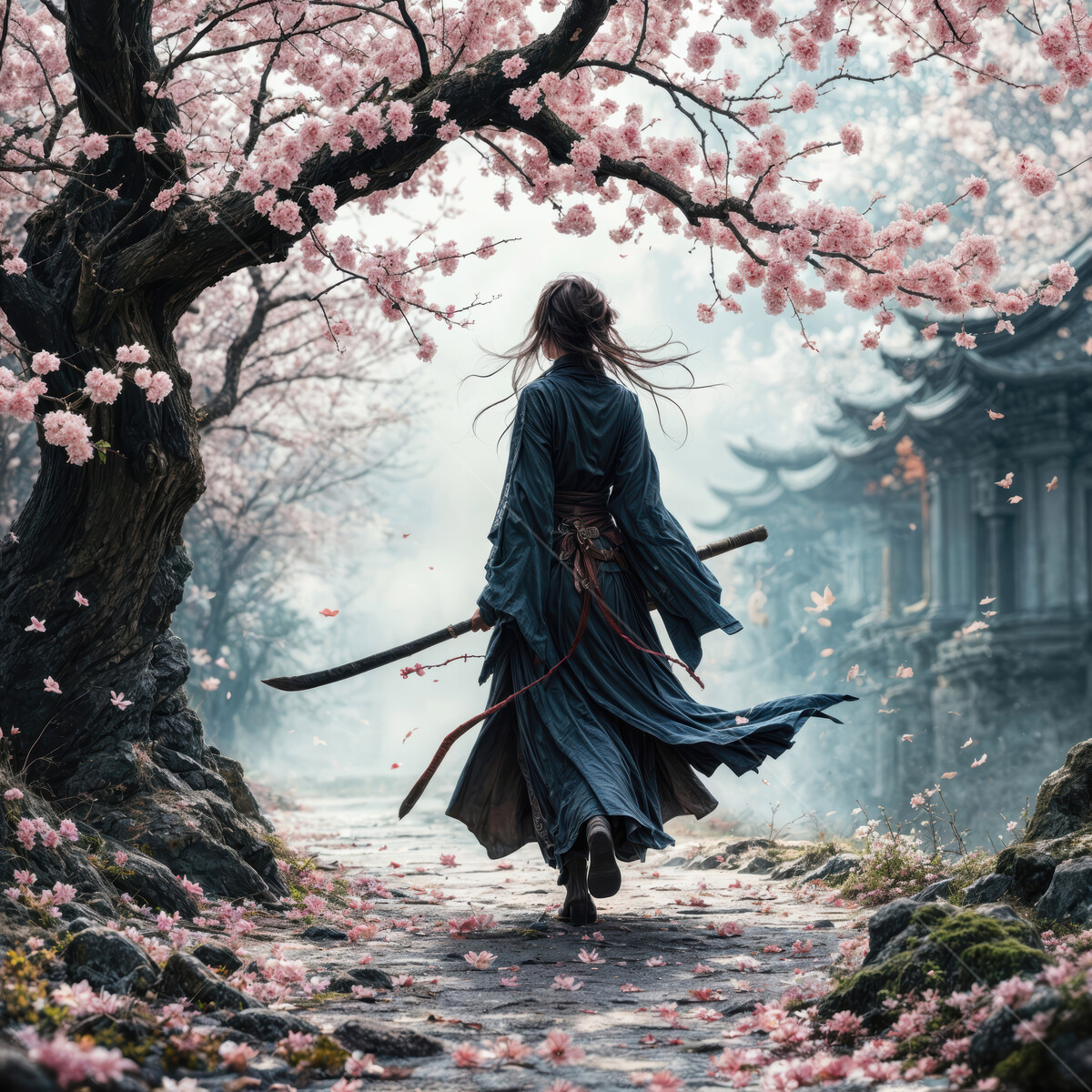 Samurai walks through blooming cherry blossoms at dawn in an ancient village
