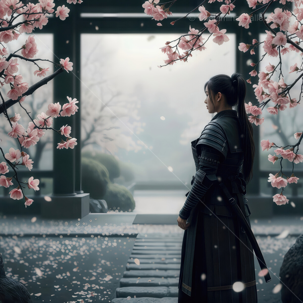 Samurai in cherry blossom garden experiences a tranquil moment of reflection while surrounded by nature's beauty