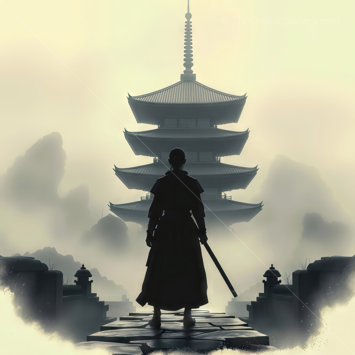 Samurai stands in contemplation before ancient pagoda shrouded in mist at dawn