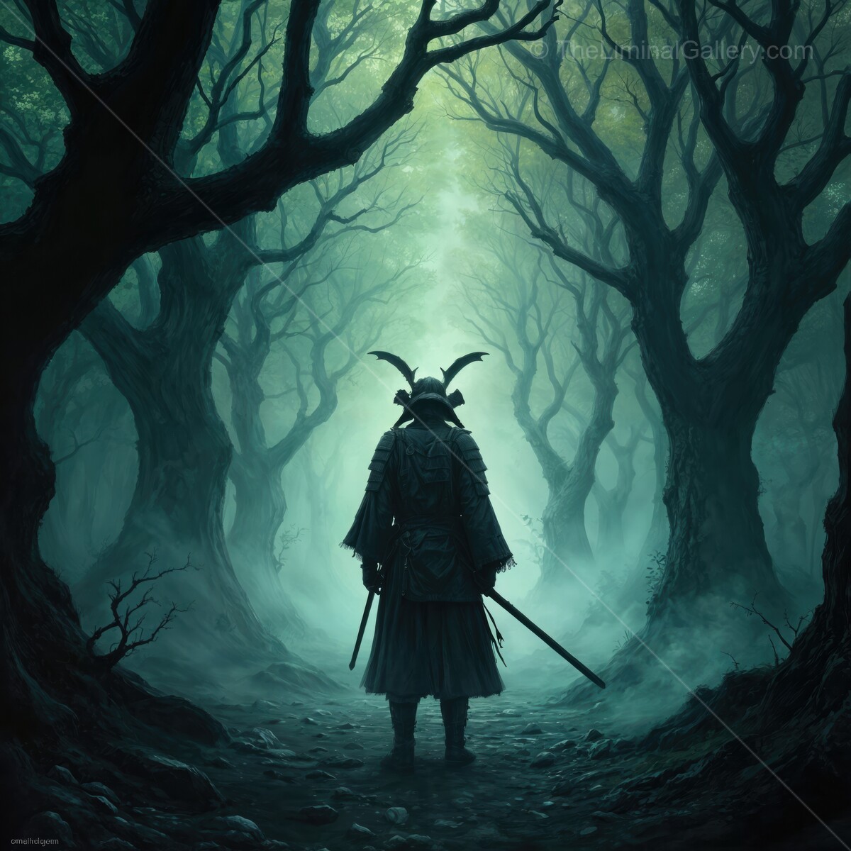 A samurai stands in an enchanted forest shrouded in mist at twilight