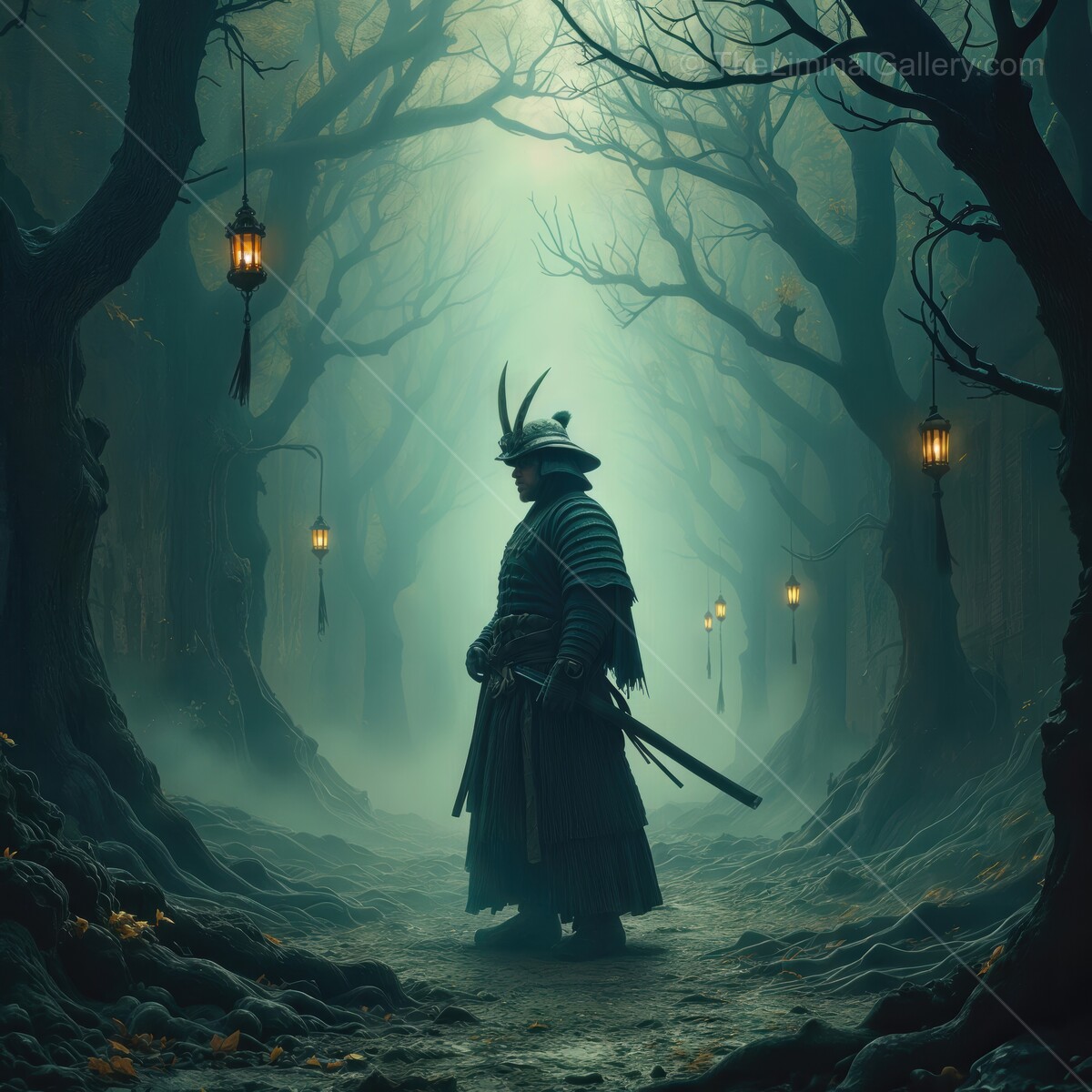 Samurai warrior standing in a mystical forest with glowing lanterns under moonlight