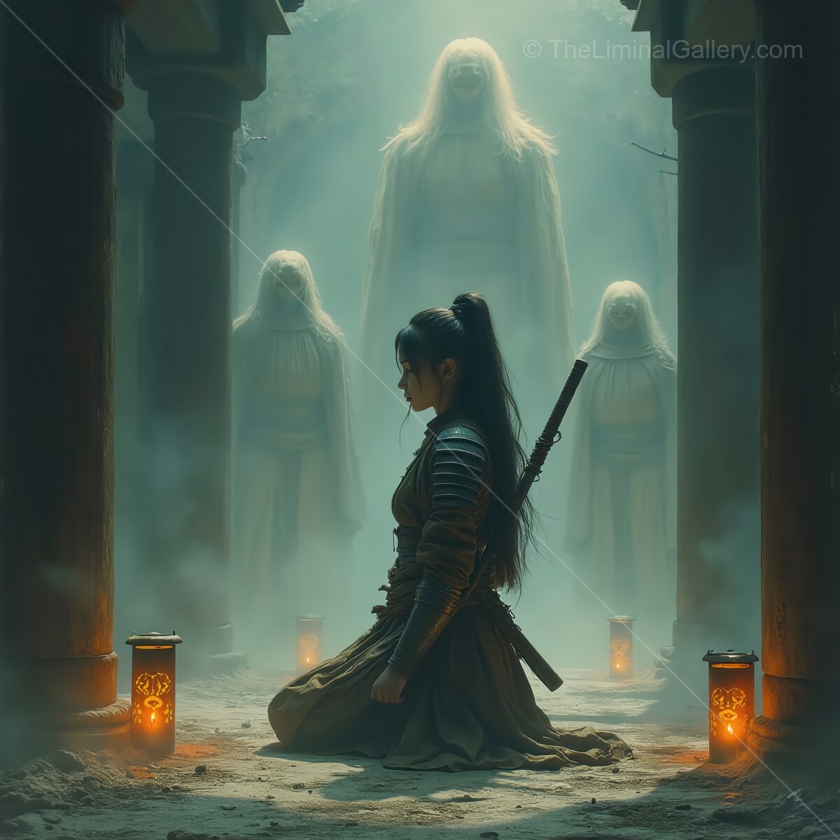 Samurai warrior in a mystical temple confronts ethereal figures amidst glowing lanterns at twilight