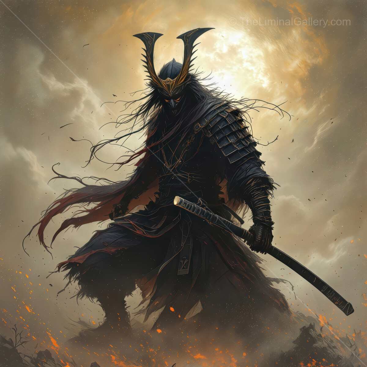 Samurai warrior standing defiantly against a backdrop of fiery skies and swirling clouds at dusk