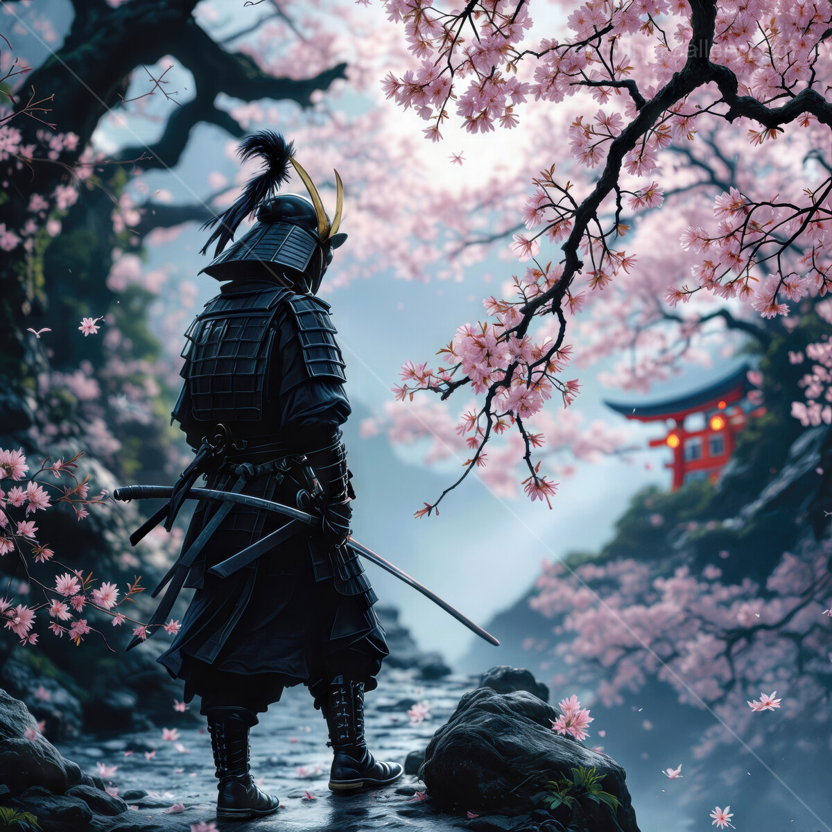 A shogun stands beneath cherry blossoms in a serene landscape with a red shrine at dusk