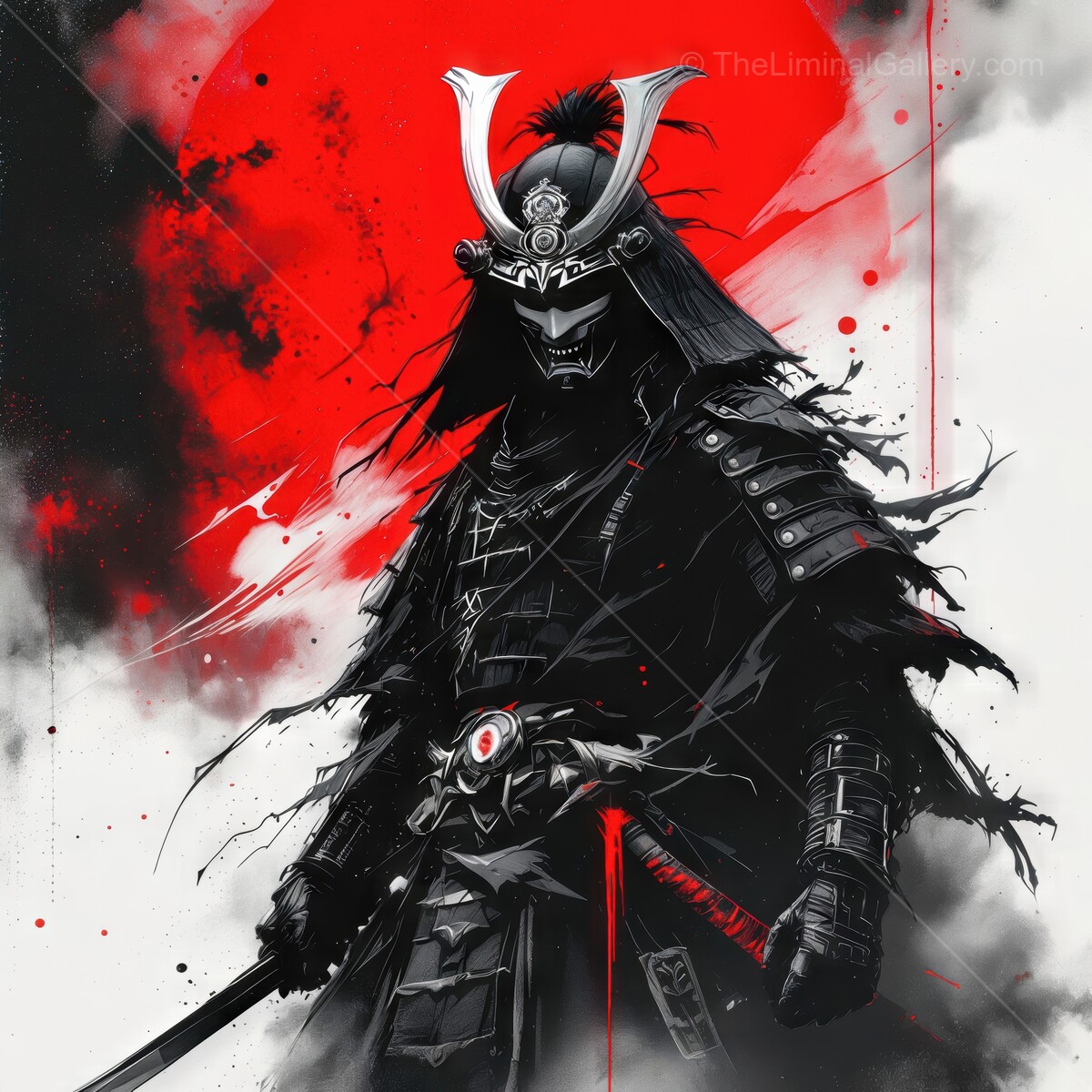 Shogun in black armor stands proud under a red sun, embodying strength and determination in an epic battle-ready pose