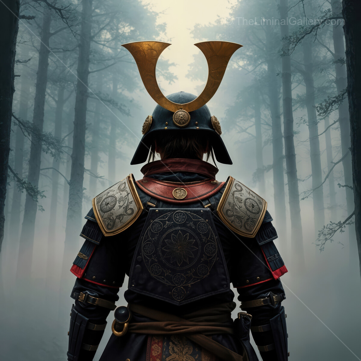 A shogun stands alone in a foggy forest at dawn, surrounded by towering trees and an air of ancient mystique