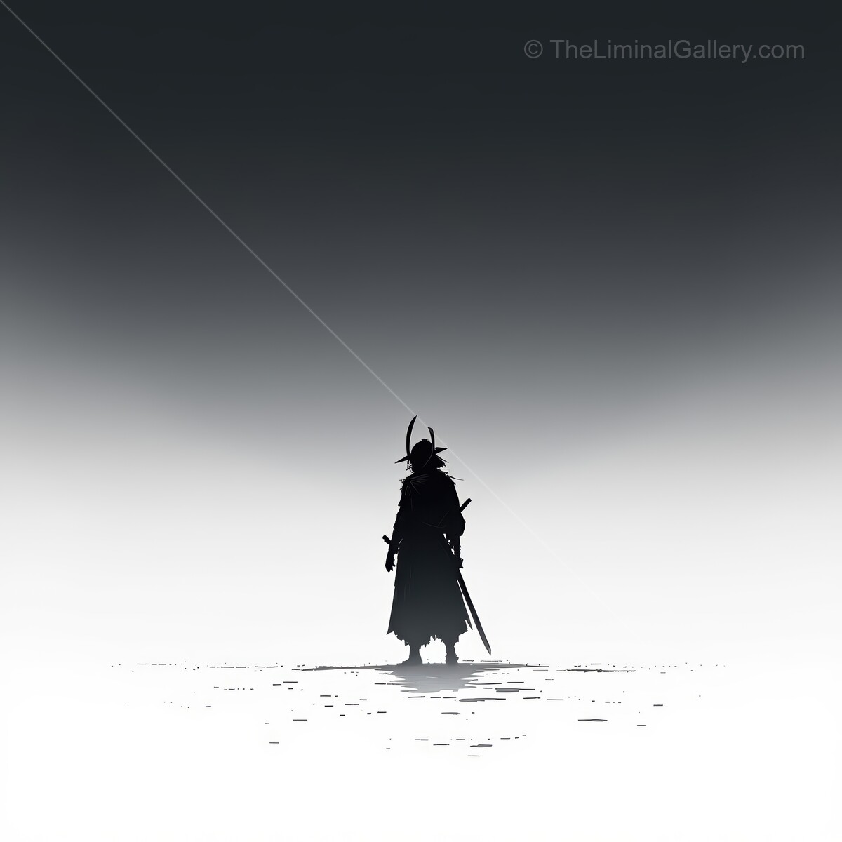 A shogun stands majestically in an ethereal landscape, illuminated by the soft glow of dawn
