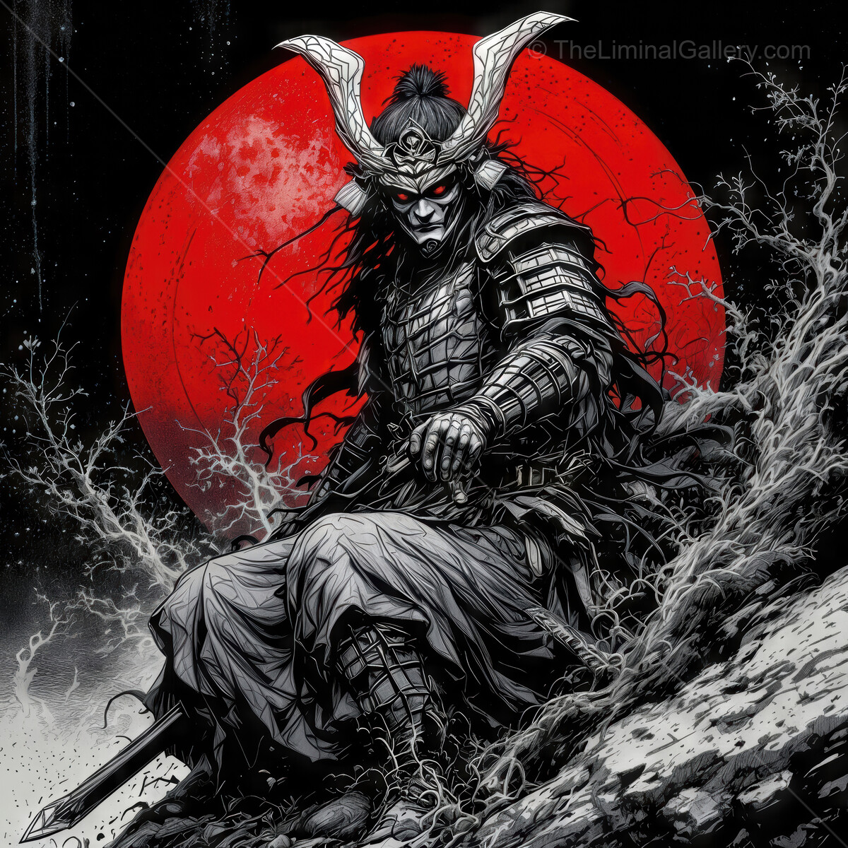 Shogun of the night sits beneath the crimson moon while shadows dance around him